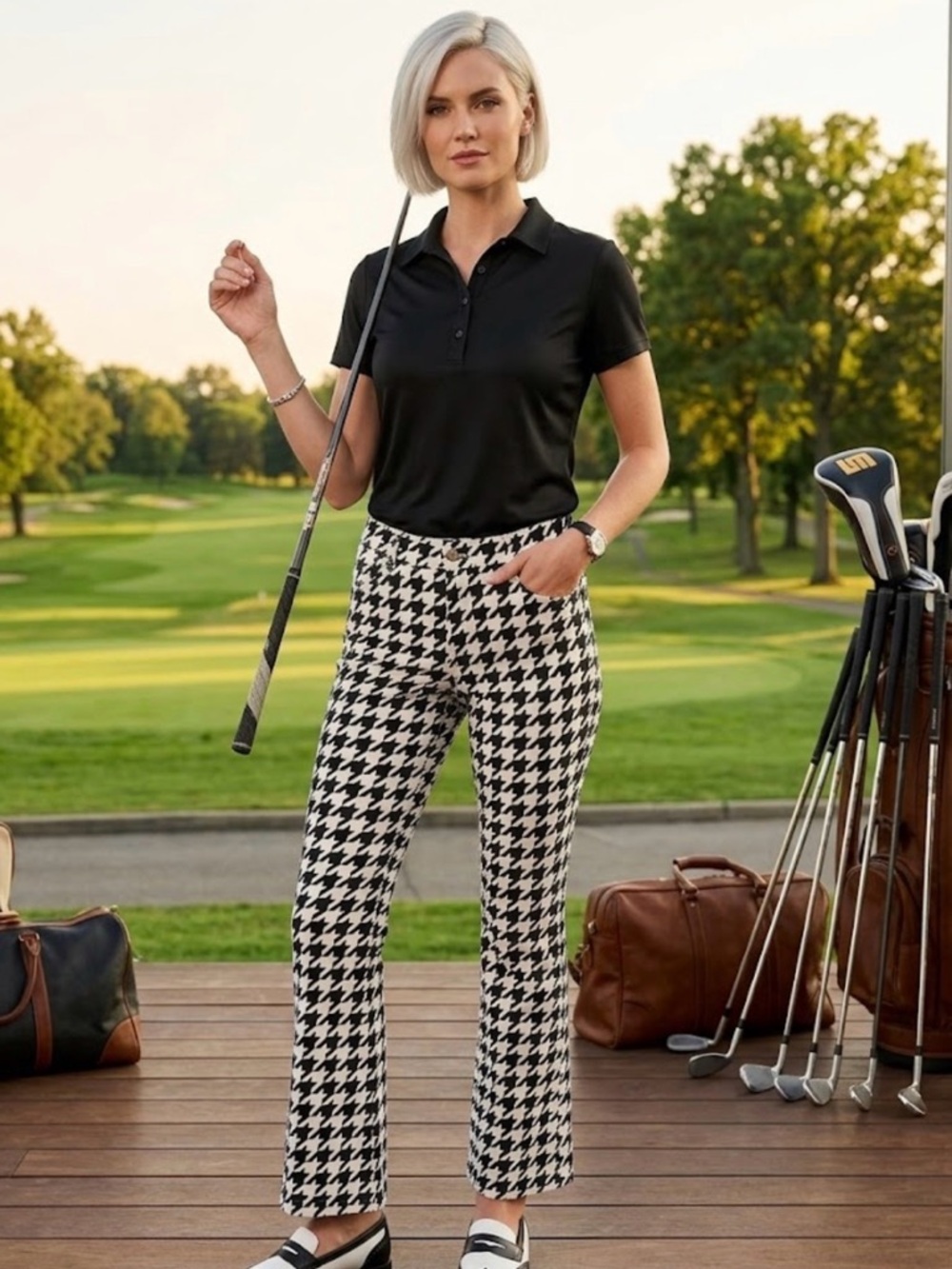 Loudmouth Women’s Pants Black/White Houndstooth  Bootleg Golf Size 8